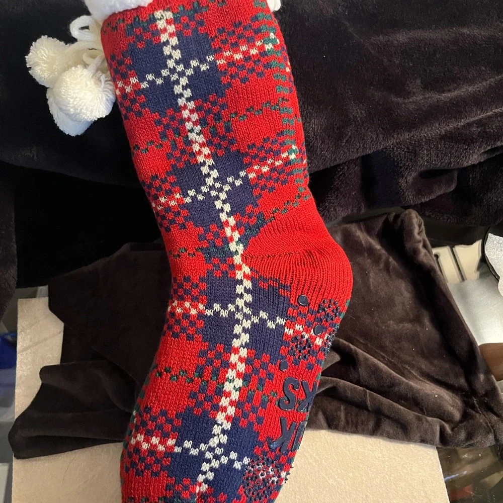 Muk Luks Red and Blue Plaid Knit Sherpa lined Cabin Slipper Socks with Pom Poms - Picture 3 of 6